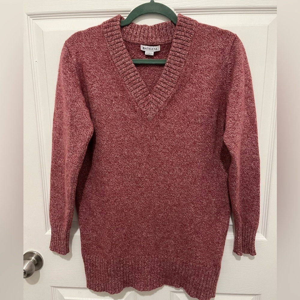 Athleta Vital V-Neck Tunic Wool Cashmere Sweater Maroon/ White Marl Size Small - Picture 3 of 10